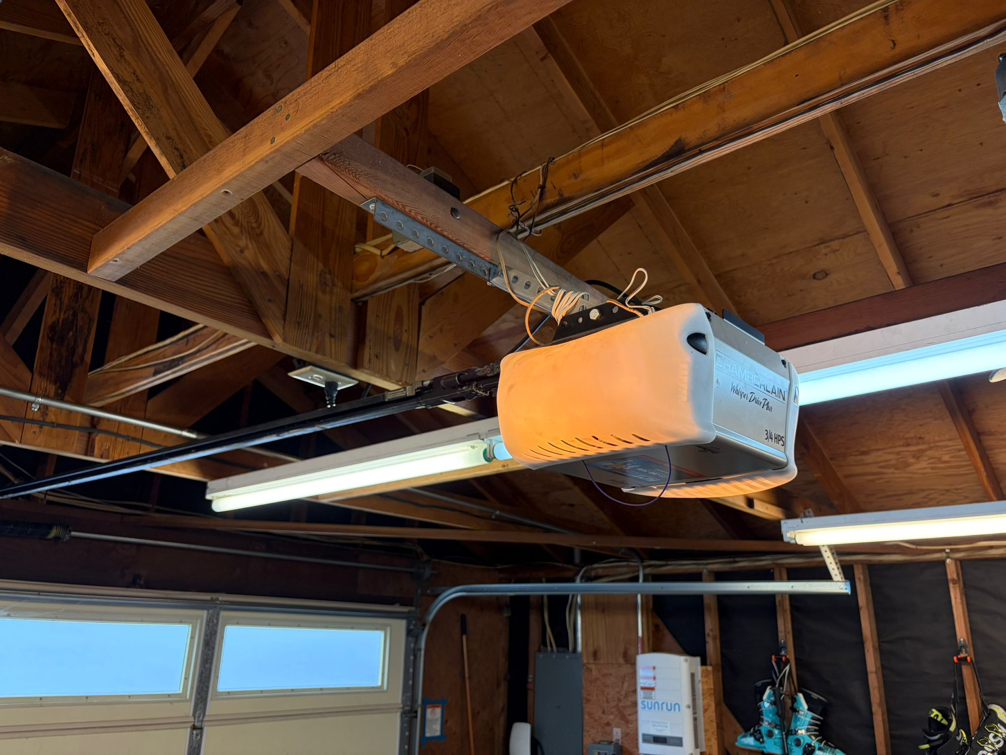 Old Chamberlain opener in wooden beam garage