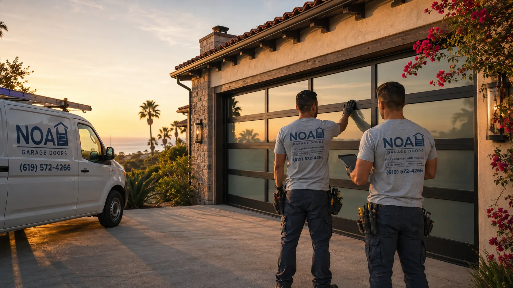 Noah Garage Doors technicians installing a glass garage door in San Diego, CA